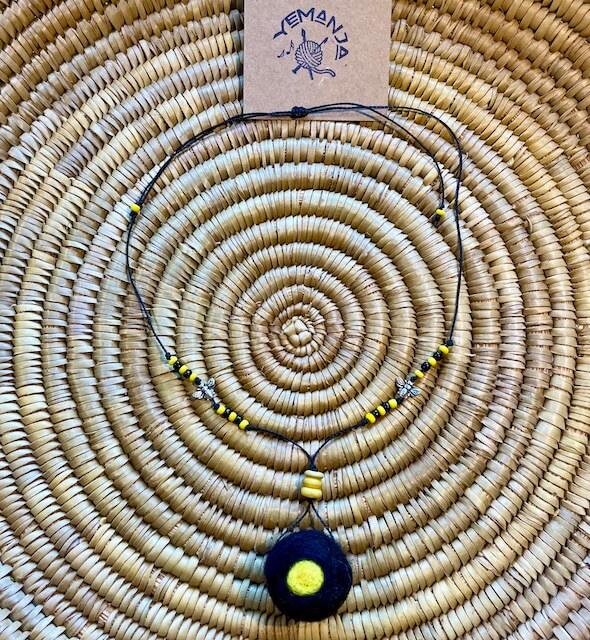 Boho necklace with felted bead 'bee'